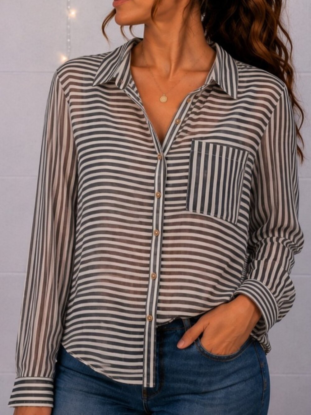 Charming Charlie Black & White Striped Sheer Button-Down Blouse